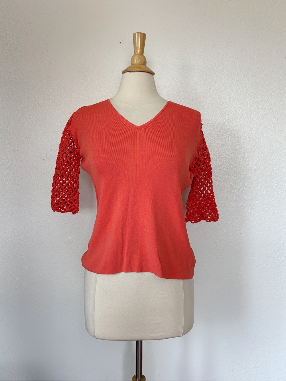 Vintage Coral Crochet 3/4 Sleeve Knit V-Neck Blouse